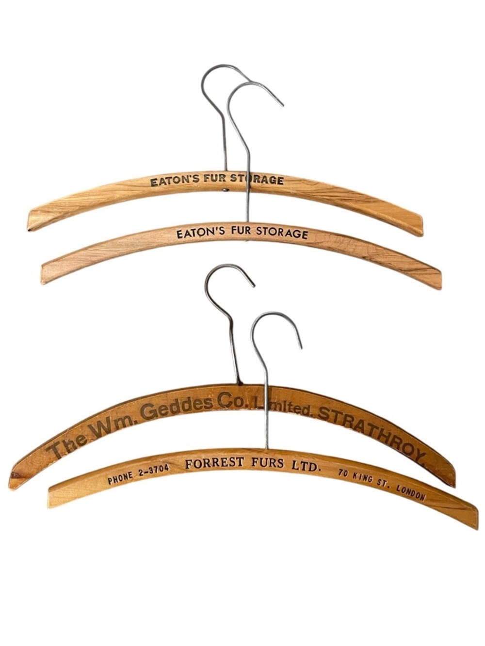 Vintage Wooden Set of 4 Hangers - Forrest Furs & Eaton's Fur Storage (Brown)